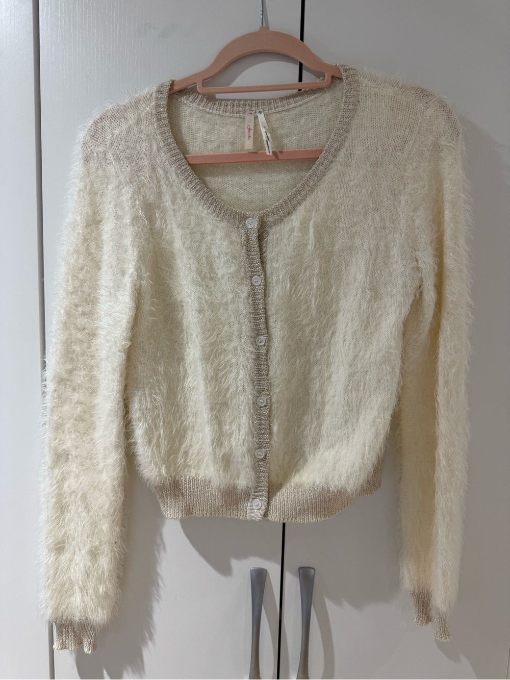 Frenchi Cream Fuzzy Feminine Button Cardigan